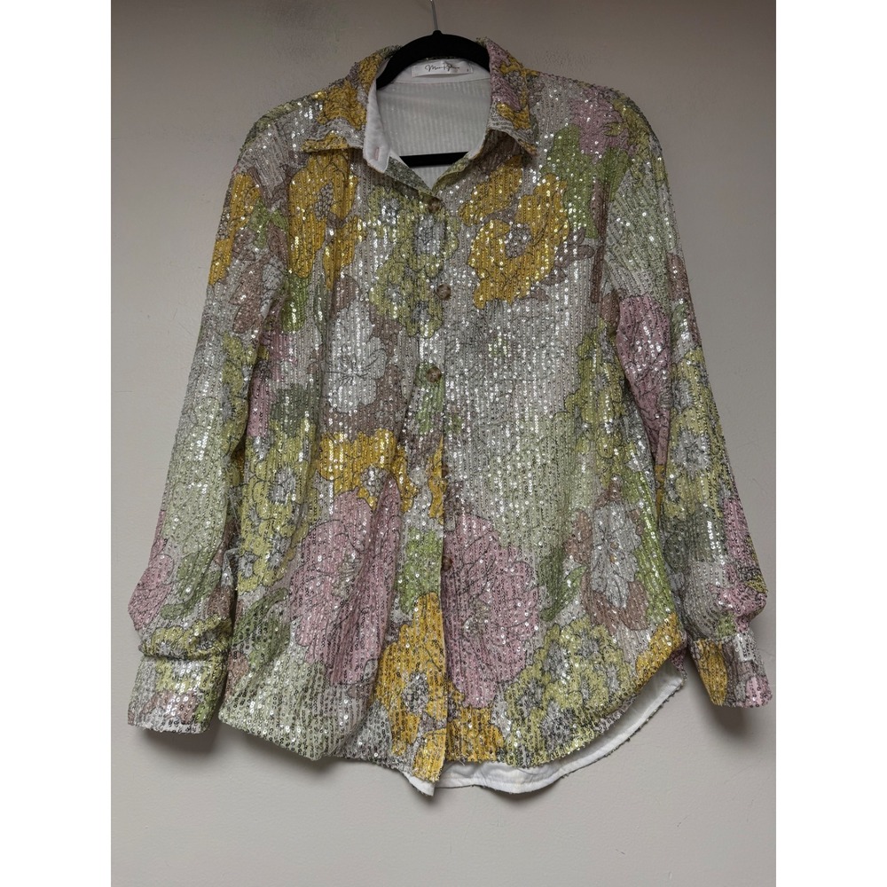 Moon‎ Ryder Sequin Floral Shirt Button Up Long Sleeve Womens Size S
